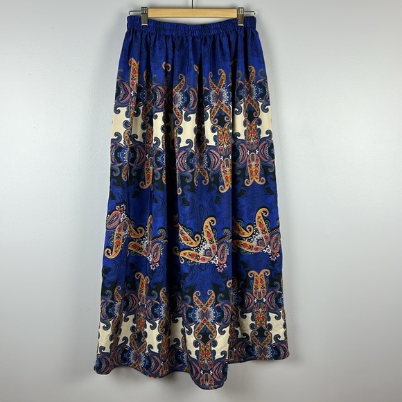 Mango Bohemian Paisley Floral Tie Waist A Line Pockets Maxi Skirt Small Blue - Picture 8 of 12